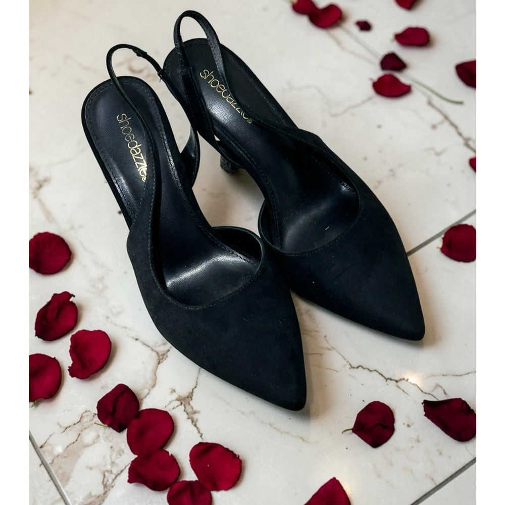 Shoe Dazzle Black Brit Sling-Back Flared Pump Heels Sz 8 Faux Suede 4" Heel - Picture 3 of 8